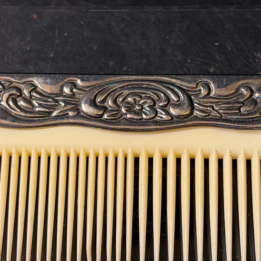 Vintage Ornate Silver Tone Floral Repousse Spine Cream Hair Comb 7.25 Inch